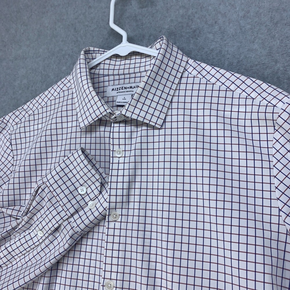 Mizzen+Main Dress Shirt Mens L White Blue Red Check Trim Fit Performance Stretch